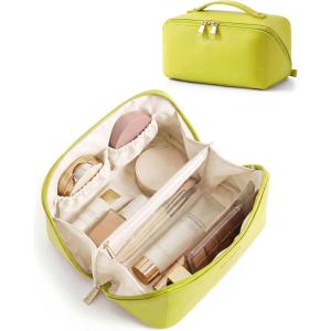 BAGSMART Makeup Bag Travel Cosmetic Bag, Large Make Up Bag Flat Open Toiletry Bag for Women, Waterproof PU Leather Travel Essentials Organizer Case, Wide-open Pouch Purse for Skincare, Brushes, Camel(18- Light Green)
