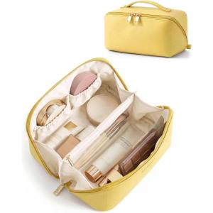 BAGSMART Makeup Bag Travel Cosmetic Bag, Large Make Up Bag Flat Open Toiletry Bag for Women, Waterproof PU Leather Travel Essentials Organizer Case, Wide-open Pouch Purse for Skincare, Brushes, Camel(19- Yellow)
