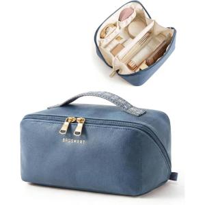 BAGSMART Makeup Bag Travel Cosmetic Bag, Large Make Up Bag Flat Open Toiletry Bag for Women, Waterproof PU Leather Travel Essentials Organizer Case, Wide-open Pouch Purse for Skincare, Brushes, Camel(21- Vintage Denim Blue)