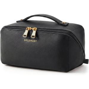 BAGSMART Makeup Bag Travel Cosmetic Bag, Large Make Up Bag Flat Open Toiletry Bag for Women, Waterproof PU Leather Travel Essentials Organizer Case, Wide-open Pouch Purse for Skincare, Brushes, Camel(02- Black)