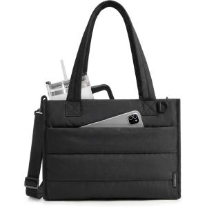 BAGSMART Small Tote Bag for Women, Puffer Quilted Work Tote Bag, Zipper Closure for Work Travel College | Small & mini tote, Lightweight 2 sizes, crossbody bag, 14‘’ laptop bag, crossbody bag, teacher bag(14l-black)