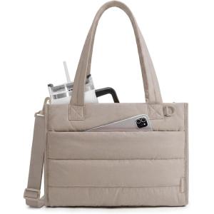 BAGSMART Small Tote Bag for Women, Puffer Quilted Work Tote Bag, Zipper Closure for Work Travel College | Small & mini tote, Lightweight 2 sizes, crossbody bag, 14‘’ laptop bag, crossbody bag, teacher bag(14l-camel)