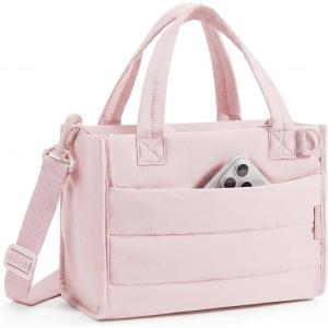BAGSMART Small Tote Bag for Women, Puffer Quilted Work Tote Bag, Zipper Closure for Work Travel College | Small & mini tote, Lightweight 2 sizes, crossbody bag, 14‘’ laptop bag, crossbody bag, teacher bag(6l-blush Pink)