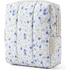 BAGSMART Small Travel Makeup Bag for Purse Toiletry Pouch, Puffy Padded Mini Cosmetics Bag, Cute Make Up Pouch for Women with Slip-in Pocket, Travel Essentials for Toiletries, Baby Pink(11-Blue Ditsy Floral)