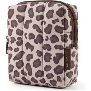 BAGSMART Small Travel Makeup Bag for Purse Toiletry Pouch, Puffy Padded Mini Cosmetics Bag, Cute Make Up Pouch for Women with Slip-in Pocket, Travel Essentials for Toiletries, Baby Pink(08-Leopard)
