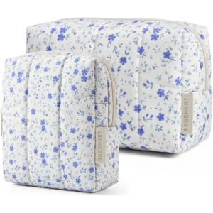 BAGSMART Small Travel Makeup Bag for Purse Toiletry Pouch, Puffy Padded Mini Cosmetics Bag, Cute Make Up Pouch for Women with Slip-in Pocket, Travel Essentials for Toiletries, Baby Pink(18-Blue Ditsy Floral)