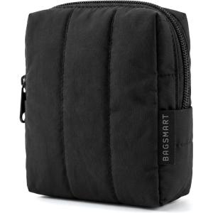 BAGSMART Small Travel Makeup Bag for Purse Toiletry Pouch, Puffy Padded Mini Cosmetics Bag, Cute Make Up Pouch for Women with Slip-in Pocket, Travel Essentials for Toiletries, Baby Pink(02-Black)