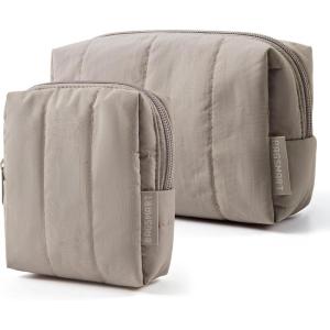 BAGSMART Small Travel Makeup Bag for Purse Toiletry Pouch, Puffy Padded Mini Cosmetics Bag, Cute Make Up Pouch for Women with Slip-in Pocket, Travel Essentials for Toiletries, Baby Pink(14-Brown)