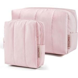 BAGSMART Small Travel Makeup Bag for Purse Toiletry Pouch, Puffy Padded Mini Cosmetics Bag, Cute Make Up Pouch for Women with Slip-in Pocket, Travel Essentials for Toiletries, Baby Pink(12-Baby Pink)