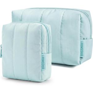 BAGSMART Small Travel Makeup Bag for Purse Toiletry Pouch, Puffy Padded Mini Cosmetics Bag, Cute Make Up Pouch for Women with Slip-in Pocket, Travel Essentials for Toiletries, Baby Pink(15-Blue)