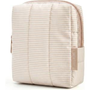 BAGSMART Small Travel Makeup Bag for Purse Toiletry Pouch, Puffy Padded Mini Cosmetics Bag, Cute Make Up Pouch for Women with Slip-in Pocket, Travel Essentials for Toiletries, Baby Pink(10-Khaki Strip)