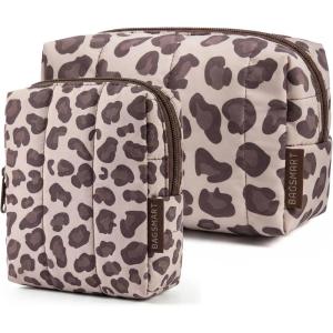 BAGSMART Small Travel Makeup Bag for Purse Toiletry Pouch, Puffy Padded Mini Cosmetics Bag, Cute Make Up Pouch for Women with Slip-in Pocket, Travel Essentials for Toiletries, Baby Pink(17-Leopard)