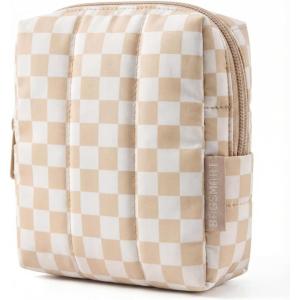 BAGSMART Small Travel Makeup Bag for Purse Toiletry Pouch, Puffy Padded Mini Cosmetics Bag, Cute Make Up Pouch for Women with Slip-in Pocket, Travel Essentials for Toiletries, Baby Pink(09-Checkered Khaki)
