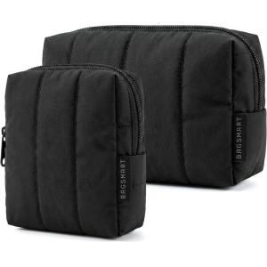 BAGSMART Small Travel Makeup Bag for Purse Toiletry Pouch, Puffy Padded Mini Cosmetics Bag, Cute Make Up Pouch for Women with Slip-in Pocket, Travel Essentials for Toiletries, Baby Pink(13-Black)