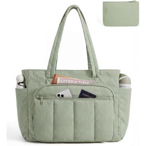 BAGSMART Tote Bag for Women, 2 Set Puffer Tote Bag with Zipper, Quilted Nurse Handbags for Work Travel College | 20L Capacity, 15.6” Laptop Bag, with Cosmetic Bag, Carry on Bag, Nurse Gym Bag(Green)