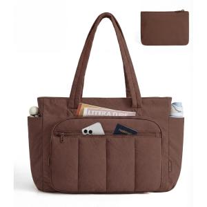 BAGSMART Tote Bag for Women, 2 Set Puffer Tote Bag with Zipper, Quilted Nurse Handbags for Work Travel College | 20L Capacity, 15.6” Laptop Bag, with Cosmetic Bag, Carry on Bag, Nurse Gym Bag(Chocolate)