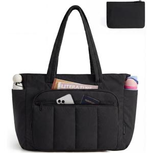 BAGSMART Tote Bag for Women, 2 Set Puffer Tote Bag with Zipper, Quilted Nurse Handbags for Work Travel College | 20L Capacity, 15.6” Laptop Bag, with Cosmetic Bag, Carry on Bag, Nurse Gym Bag(Black)