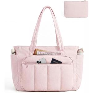 BAGSMART Tote Bag for Women, 2 Set Puffer Tote Bag with Zipper, Quilted Nurse Handbags for Work Travel College | 20L Capacity, 15.6” Laptop Bag, with Cosmetic Bag, Carry on Bag, Nurse Gym Bag(Pink)