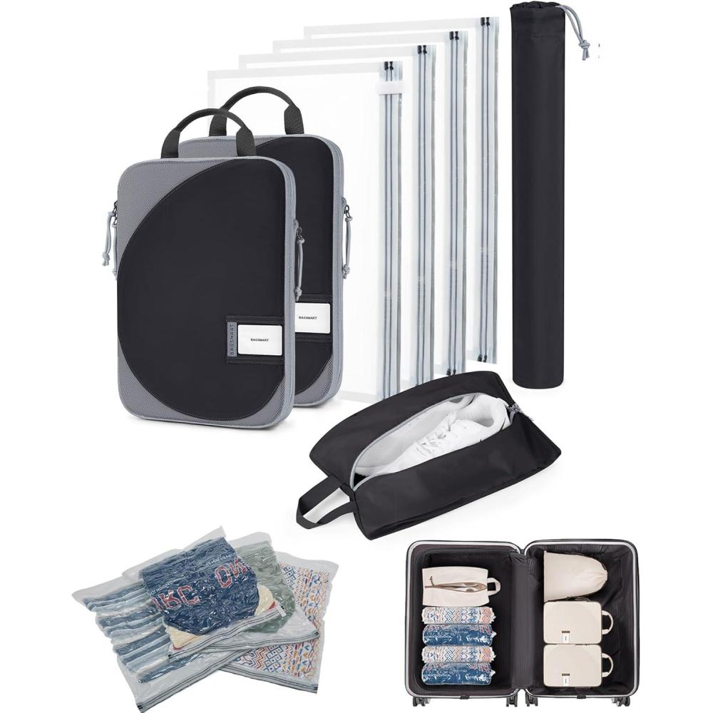 imageBAGSMART 8 Pcs Compression Packing Cubes Travel Packing Cubes with 4 Pack Vacuum Storage Bags for Women Travel Essentials Handrolled Space Saver Bags Black