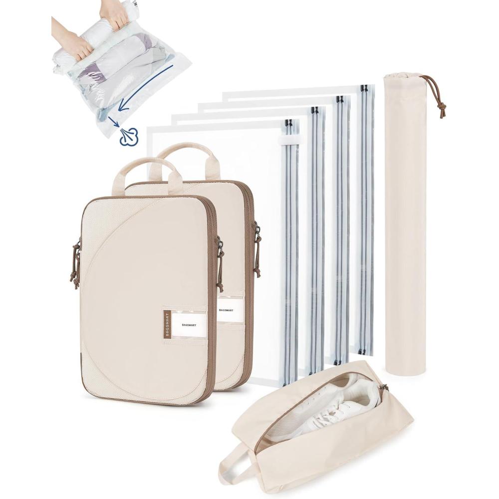 imageBAGSMART 8 Pcs Compression Packing Cubes Travel Packing Cubes with 4 Pack Vacuum Storage Bags for Women Travel Essentials Handrolled Space Saver Bags Beige