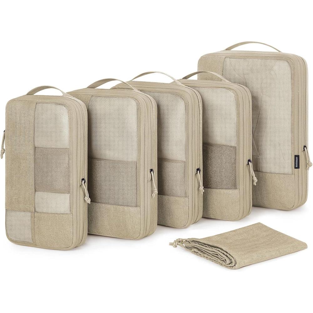 imageBAGSMART Compression Packing Cubes for Travel 6 Set Packing Cubes for Carry on Suitcases Compression Travel Cubes amp Suitcase Organizer for Packing with Shoe Bag Grey02Khaki