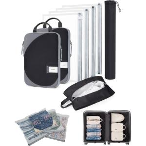 BAGSMART 8 Pcs Compression Packing Cubes, Travel Packing Cubes with 4 Pack Vacuum Storage Bags for Women, Travel Essentials, Hand-rolled Space Saver Bags, Black