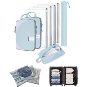 BAGSMART 8 Pcs Compression Packing Cubes, Travel Packing Cubes with 4 Pack Vacuum Storage Bags for Women, Travel Essentials, Hand-rolled Space Saver Bags, Light Blue