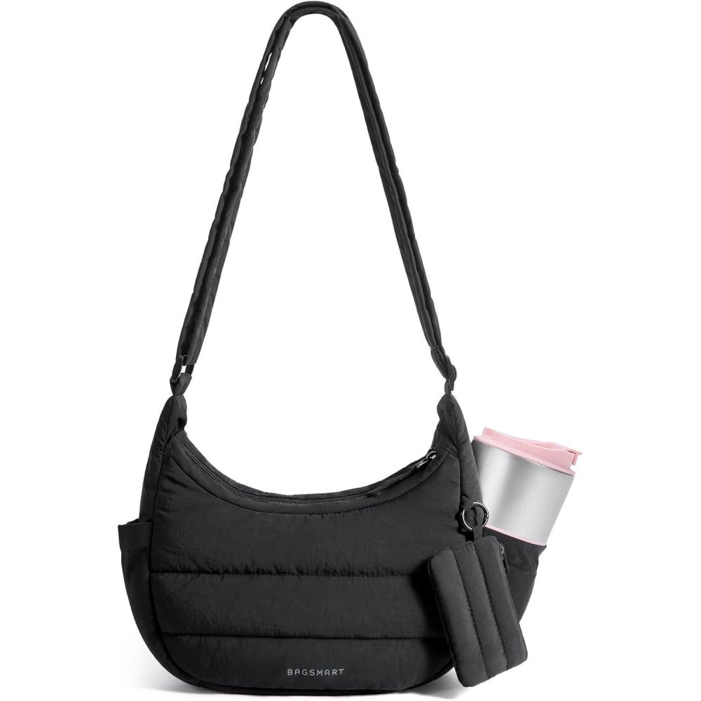 imageBAGSMART Crossbody Purses for Women with Adjustable Strap Small Puffer Hobo Bags Compact Fluffy Shoulder Handbags PouchBlack