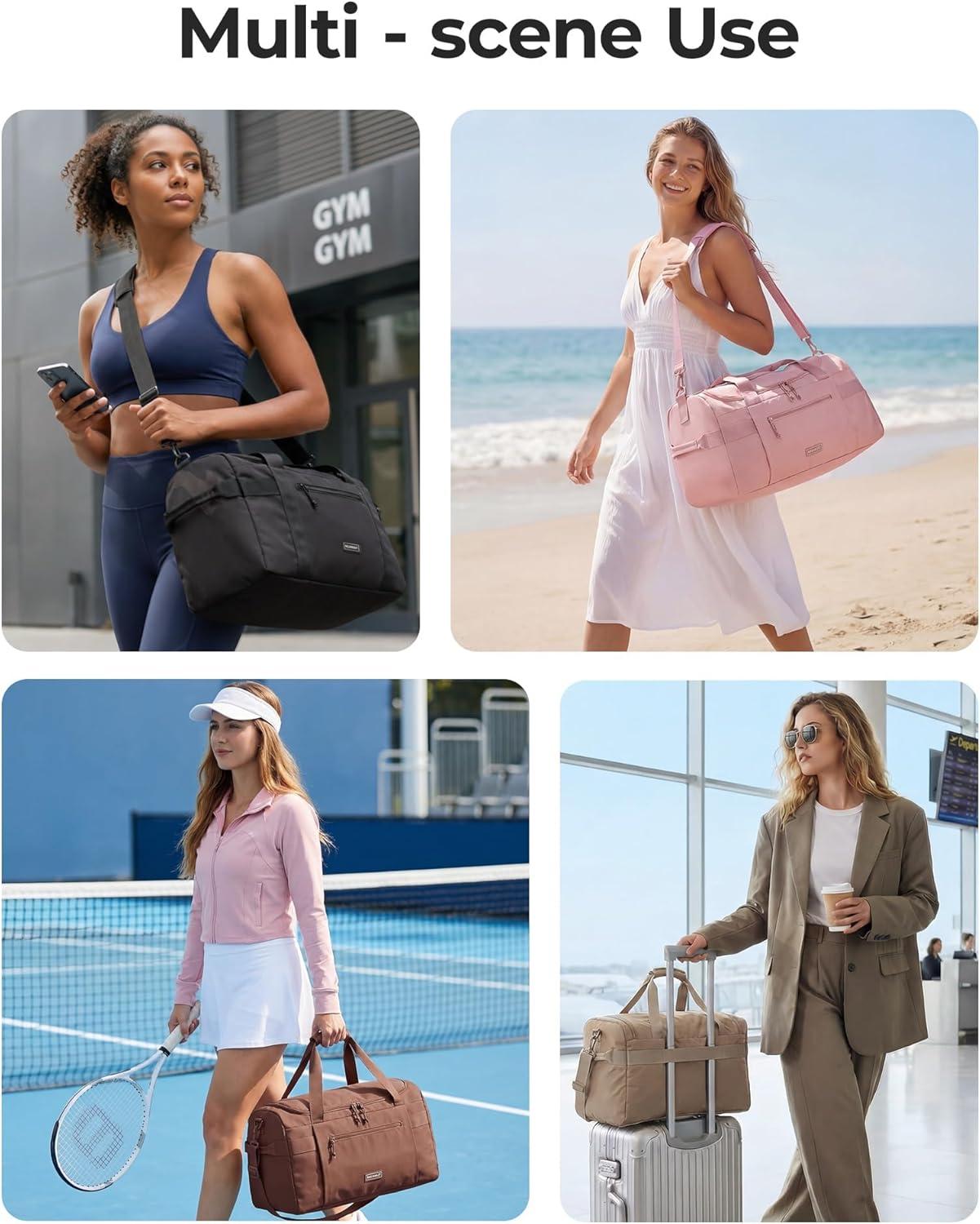 imageBAGSMART Weekend Bag with Shoe Bag 32L Travel Duffle Bag with Laptop Compartment Sports Duffel Bags Gym Bag Carry On Bag for Travel Gym Dark BrownPink
