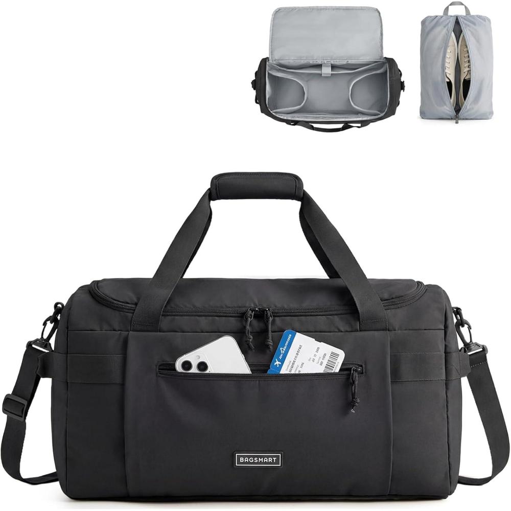 imageBAGSMART Weekend Bag with Shoe Bag 32L Travel Duffle Bag with Laptop Compartment Sports Duffel Bags Gym Bag Carry On Bag for Travel Gym Dark BrownBlack