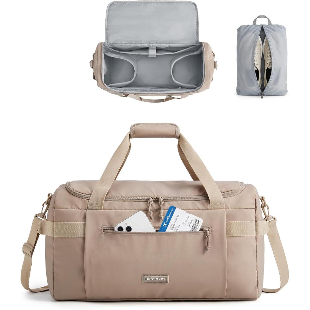 imageBAGSMART Weekend Bag with Shoe Bag 32L Travel Duffle Bag with Laptop Compartment Sports Duffel Bags Gym Bag Carry On Bag for Travel Gym Dark BrownBrown