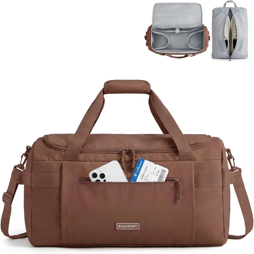 imageBAGSMART Weekend Bag with Shoe Bag 32L Travel Duffle Bag with Laptop Compartment Sports Duffel Bags Gym Bag Carry On Bag for Travel Gym Dark BrownDark Brown
