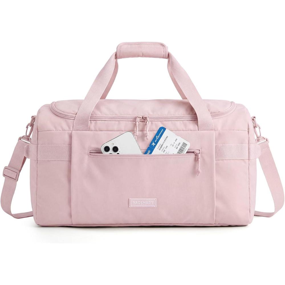 imageBAGSMART Weekend Bag with Shoe Bag 32L Travel Duffle Bag with Laptop Compartment Sports Duffel Bags Gym Bag Carry On Bag for Travel Gym Dark BrownPink