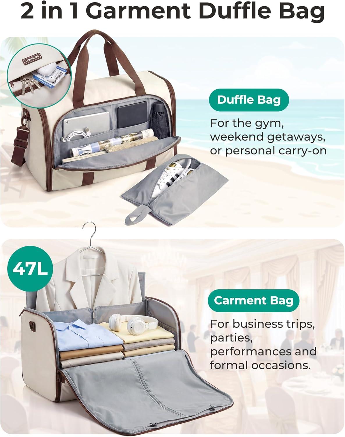 imageBAGSMART Garment Bag Duffle Bag for Travel Convertible 2 in 1 Suit Bag for Hanging Clothes Carry on Travel Bag with Shoes BagShoulder Strap Weekender for Dresses Coats Shirts BlackBrown