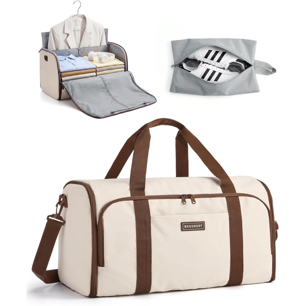 imageBAGSMART Garment Bag Duffle Bag for Travel Convertible 2 in 1 Suit Bag for Hanging Clothes Carry on Travel Bag with Shoes BagShoulder Strap Weekender for Dresses Coats Shirts BlackWhite