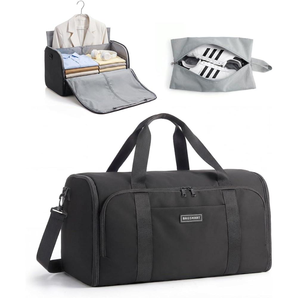 imageBAGSMART Garment Bag Duffle Bag for Travel Convertible 2 in 1 Suit Bag for Hanging Clothes Carry on Travel Bag with Shoes BagShoulder Strap Weekender for Dresses Coats Shirts BlackBlack