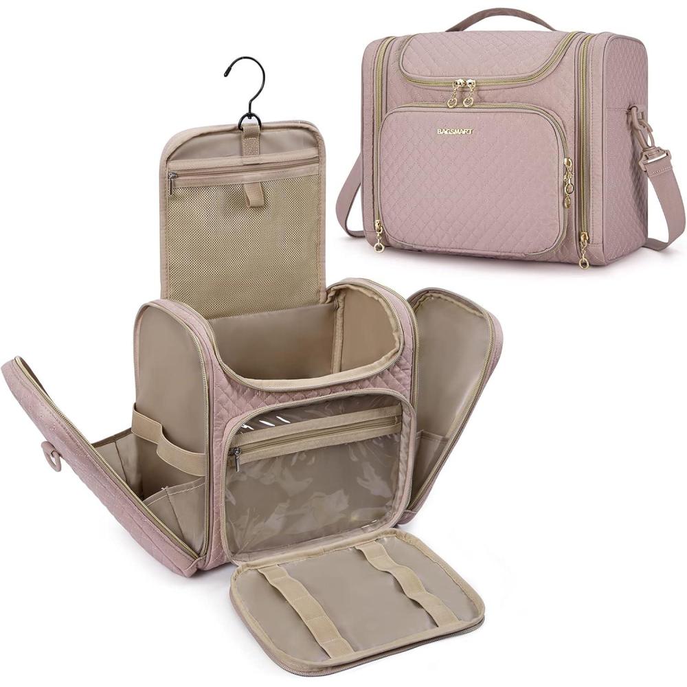 imageBAGSMART Toiletry Bag Travel Toiletry Bag for Women Waterresistant Cosmetic Makeup Bag Large Capacity Door Room Essentials Travel Organizer for Full Sized Toiletries and Cosmetics BlackPink