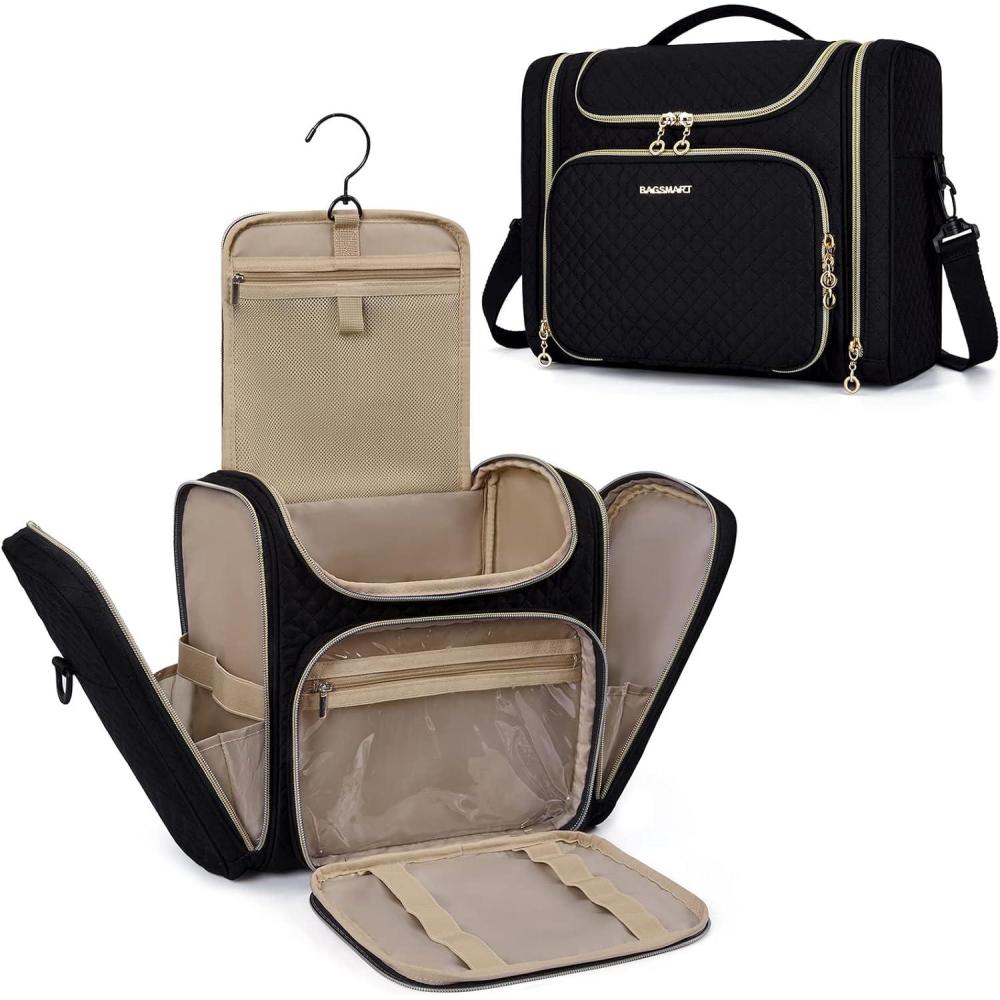 imageBAGSMART Toiletry Bag Travel Toiletry Bag for Women Waterresistant Cosmetic Makeup Bag Large Capacity Door Room Essentials Travel Organizer for Full Sized Toiletries and Cosmetics BlackBlack