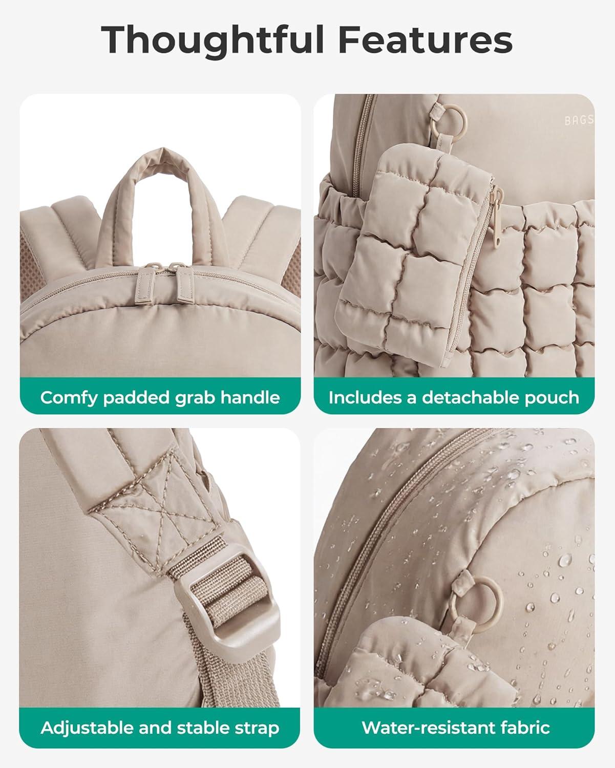 imageBAGSMART Mini Backpacks for Women Puffy Checkered Quilted Small Backpack with Pouch Lightweight Daypack Purse WaterResistant Bookbag for Daily Travel College 2in1 Set BlackSage Green
