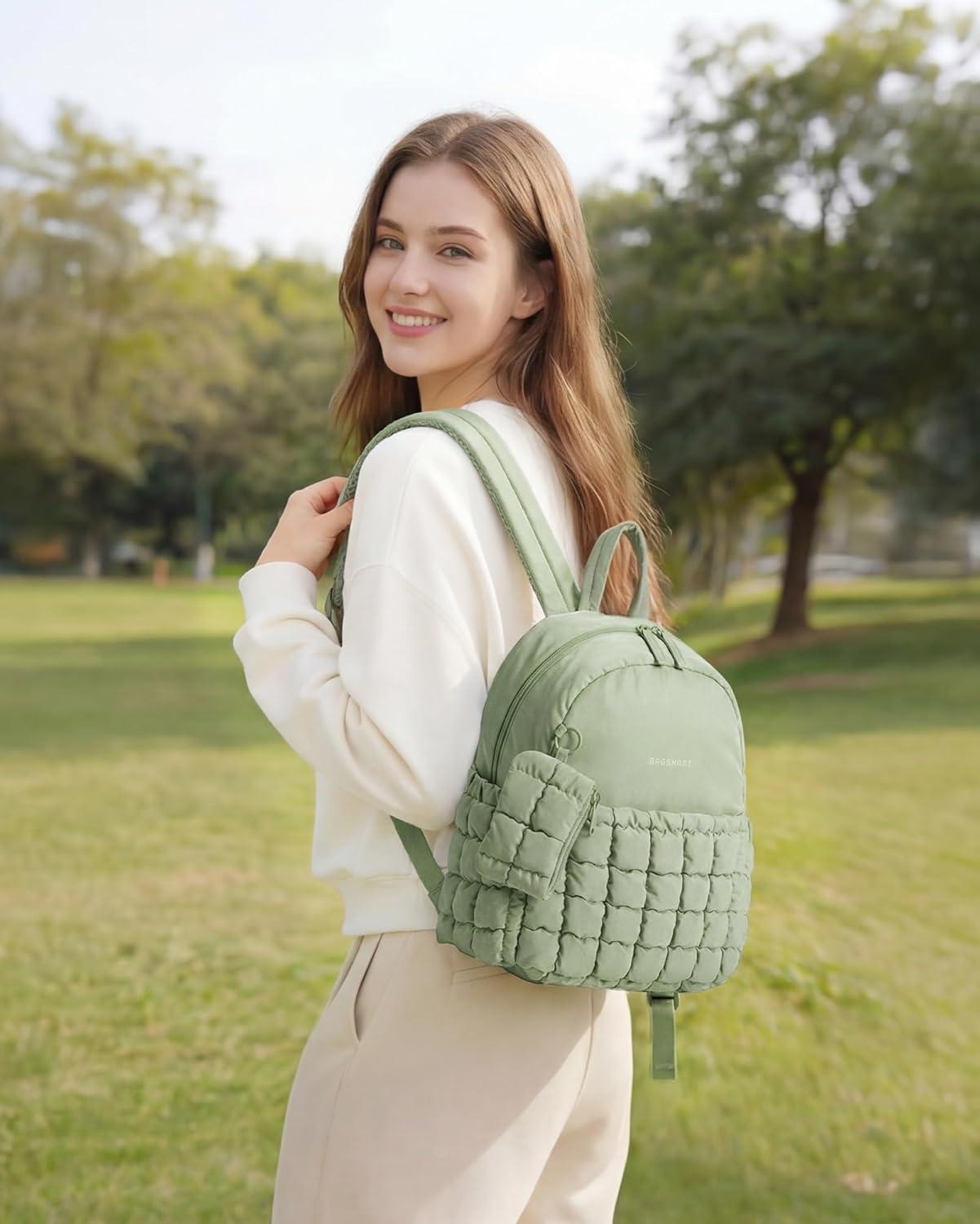 imageBAGSMART Mini Backpacks for Women Puffy Checkered Quilted Small Backpack with Pouch Lightweight Daypack Purse WaterResistant Bookbag for Daily Travel College 2in1 Set BlackSage Green