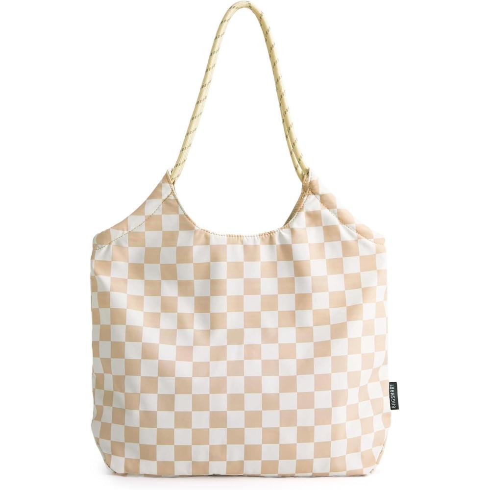 imageBAGSMART Beach Bags for Women Beach Tote Bag Beach Bag with Zipper Travel Tote Bag for Women Sandproof Swim Pool Bag  Packable Beach Bag Beach Essentials for Travel Gym 125L Medium Tote Lightweight WaterresistantKhaki Checkerboard Pattern