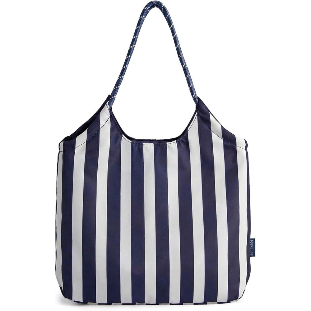 imageBAGSMART Beach Bags for Women Beach Tote Bag Beach Bag with Zipper Travel Tote Bag for Women Sandproof Swim Pool Bag Packable Beach Bag Beach Essentials for Travel Gym 125L Medium Tote Lightweight WaterresistantNavy Stripes