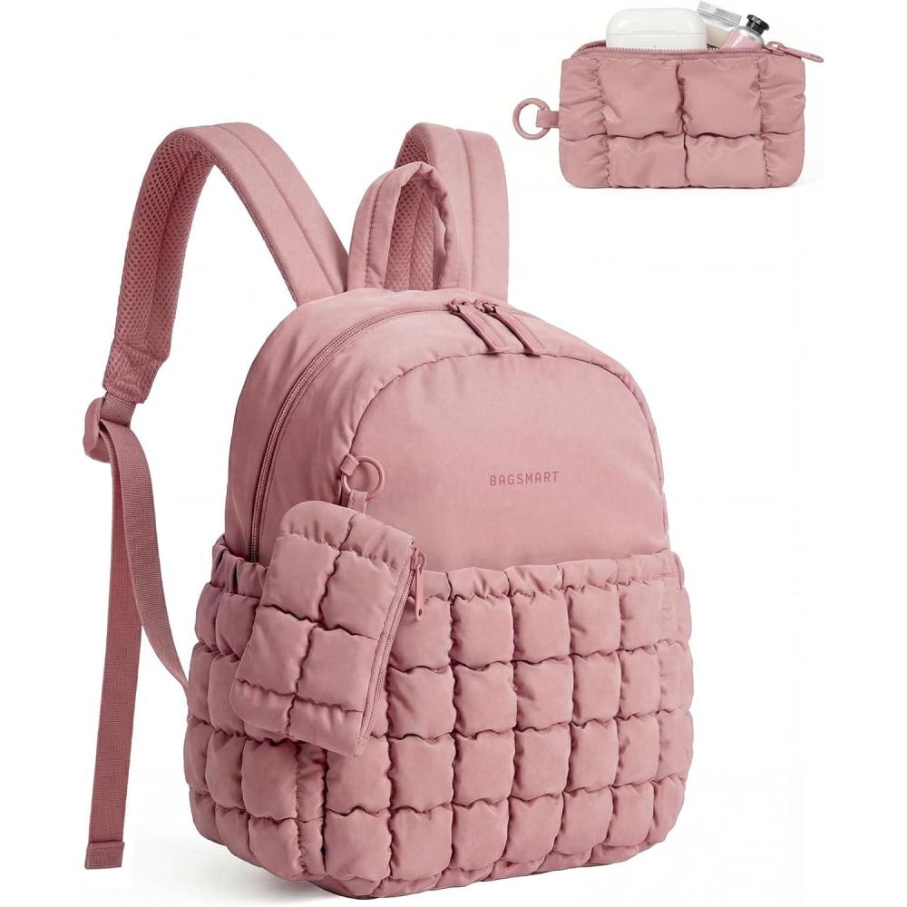 imageBAGSMART Mini Backpacks for Women Puffy Checkered Quilted Small Backpack with Pouch Lightweight Daypack Purse WaterResistant Bookbag for Daily Travel College 2in1 Set BlackDark Pink