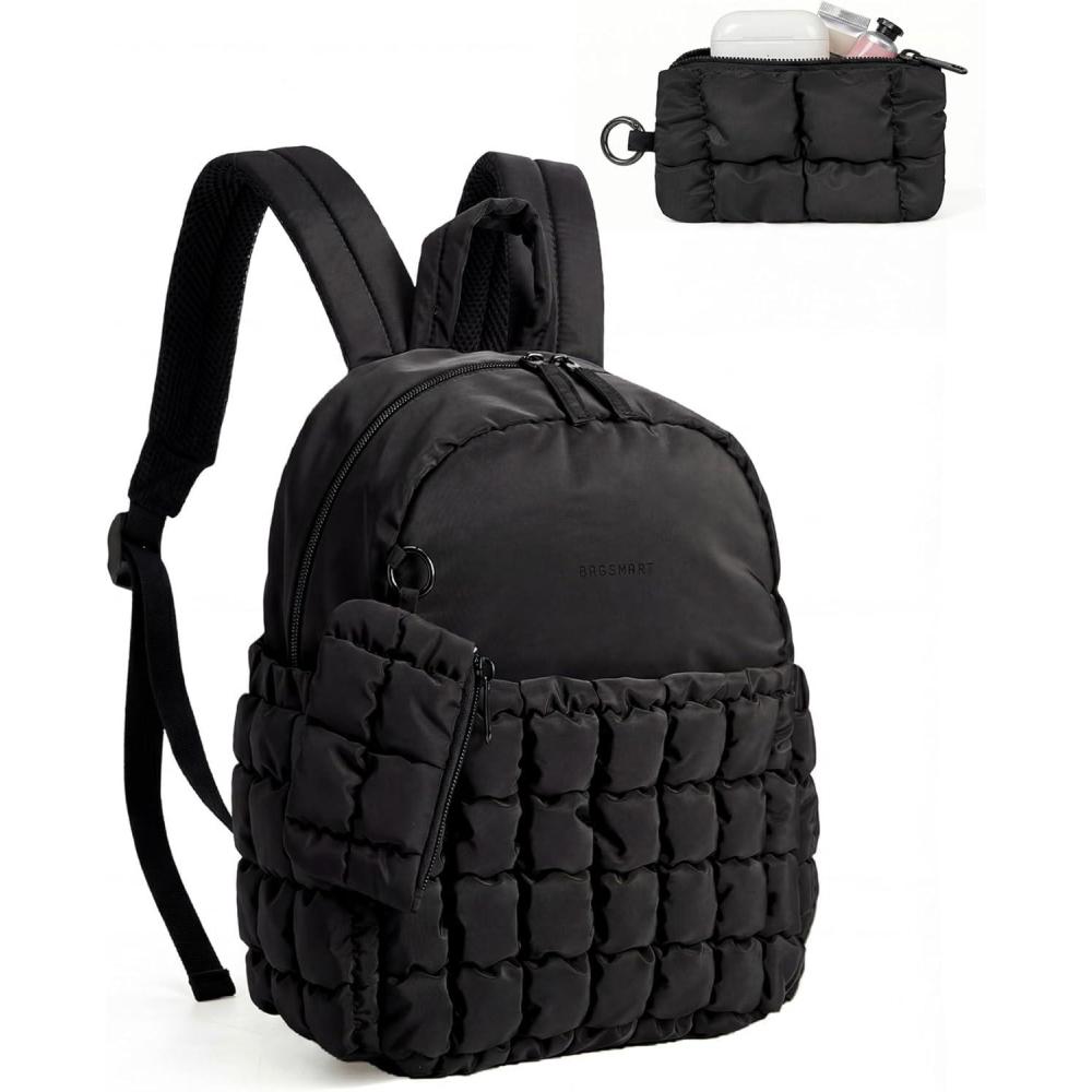 imageBAGSMART Mini Backpacks for Women Puffy Checkered Quilted Small Backpack with Pouch Lightweight Daypack Purse WaterResistant Bookbag for Daily Travel College 2in1 Set BlackJet Black