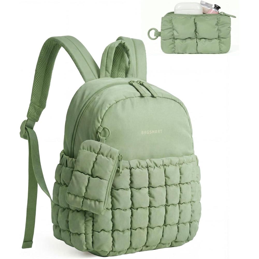 imageBAGSMART Mini Backpacks for Women Puffy Checkered Quilted Small Backpack with Pouch Lightweight Daypack Purse WaterResistant Bookbag for Daily Travel College 2in1 Set BlackSage Green