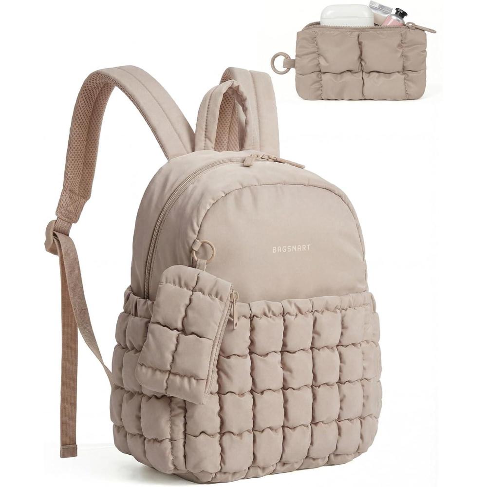 imageBAGSMART Mini Backpacks for Women Puffy Checkered Quilted Small Backpack with Pouch Lightweight Daypack Purse WaterResistant Bookbag for Daily Travel College 2in1 Set BlackLatte Brown