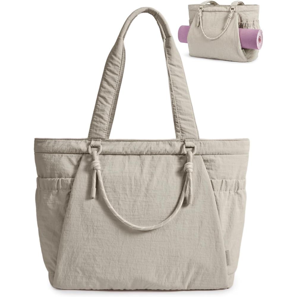 imageBAGSMART Yoga Tote Bag for Women with Knotted Handle Lightweight Pilates Bag with Yoga Mat Holder Gym Bag for Work Travel for 156 Laptop for 40oz Tumbler Waterproof amp Durable Yoga Mat Bag Carrier 23L Handbag Shoulder Sling BagBrown