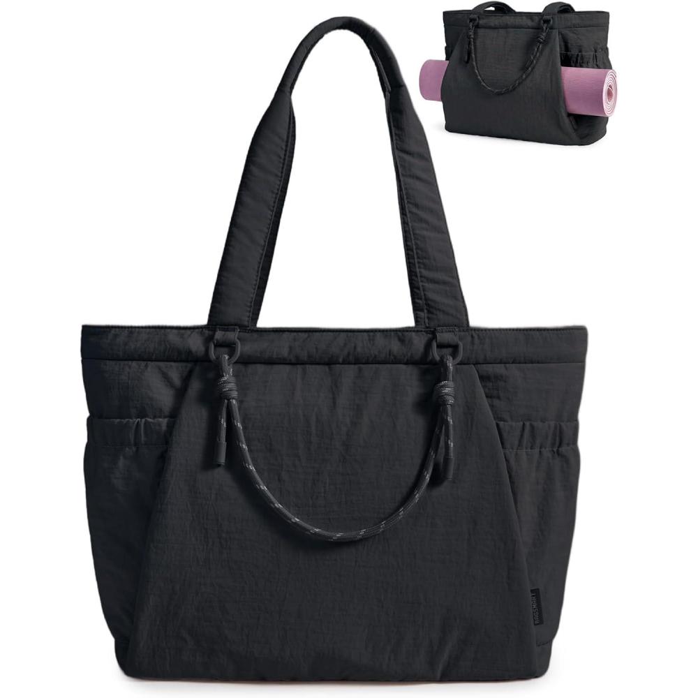 imageBAGSMART Yoga Tote Bag for Women with Knotted Handle Lightweight Pilates Bag with Yoga Mat Holder Gym Bag for Work Travel for 156 Laptop for 40oz Tumbler Waterproof amp Durable Yoga Mat Bag Carrier 23L Handbag Shoulder Sling BagBlack
