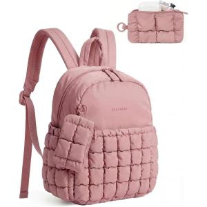 BAGSMART Mini Backpacks for Women, Puffy Checkered Quilted Small Backpack with Pouch, Lightweight Daypack Purse, Water-Resistant Bookbag for Daily Travel College, 2-in-1 Set, Black(Dark Pink)