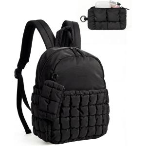 BAGSMART Mini Backpacks for Women, Puffy Checkered Quilted Small Backpack with Pouch, Lightweight Daypack Purse, Water-Resistant Bookbag for Daily Travel College, 2-in-1 Set, Black(Jet Black)